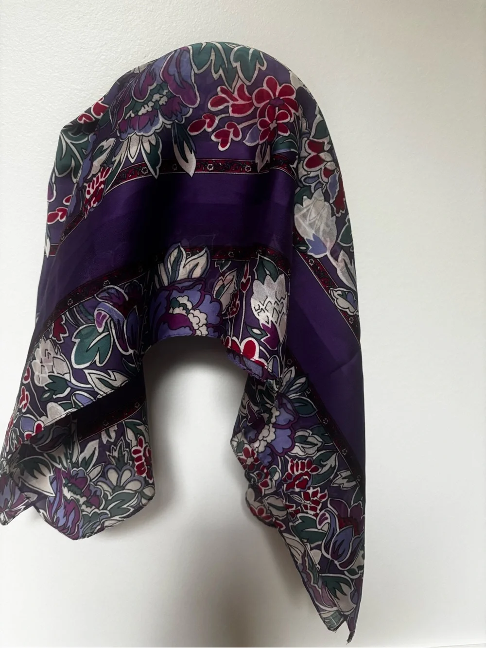 Vintage Floral Print Silk Scarf Blue Purple Pink Multi-Color
